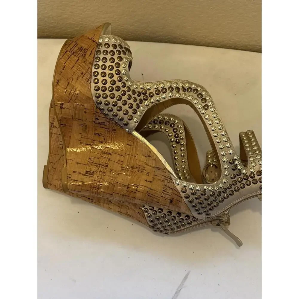 Bebe Studded Caitlyn Size 6 Gold Heel Sandal Wedges‎